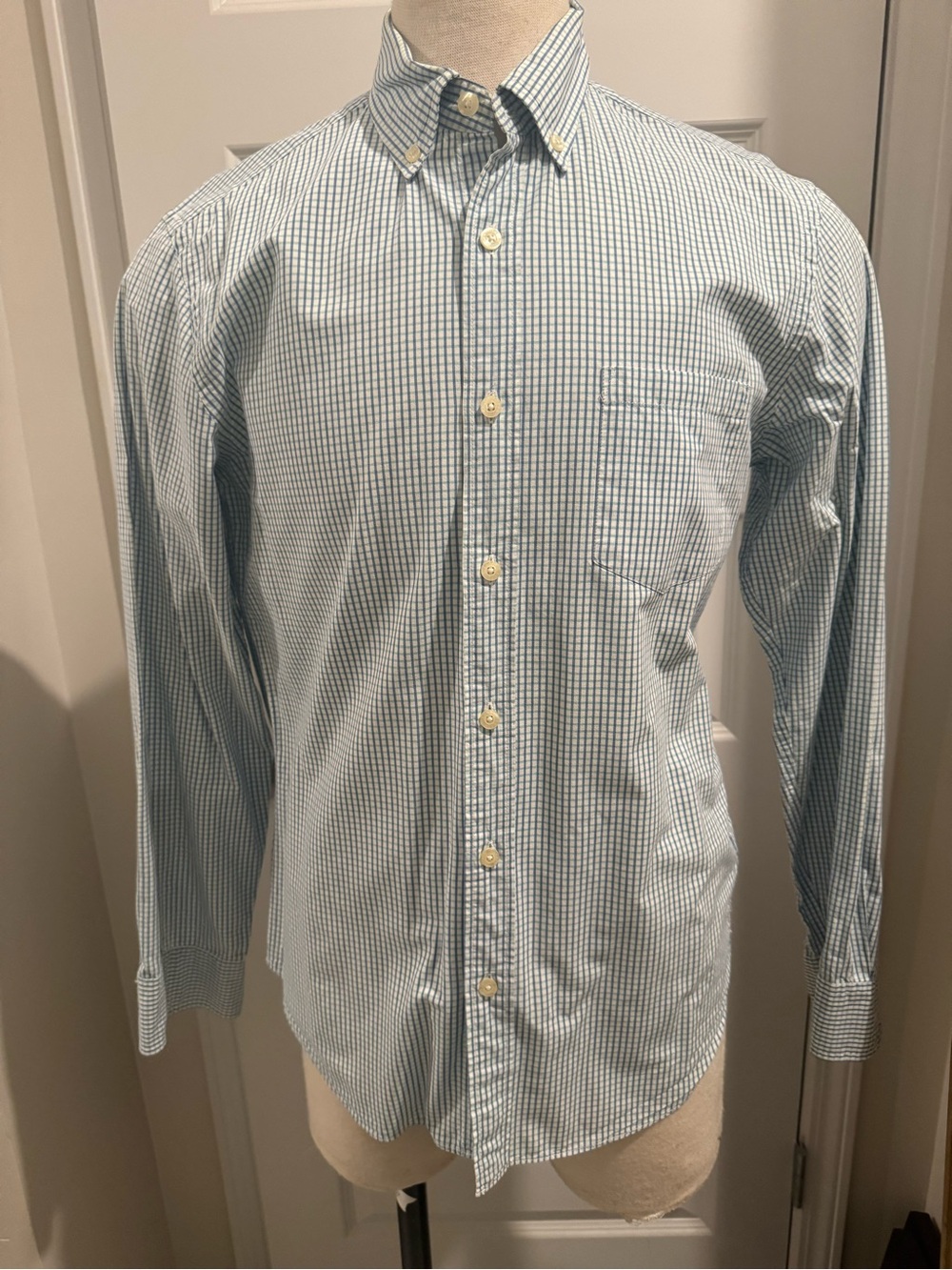 J. Crew Men's Light Blue, Green, and White Micro Check Button-Down Shirt Size M